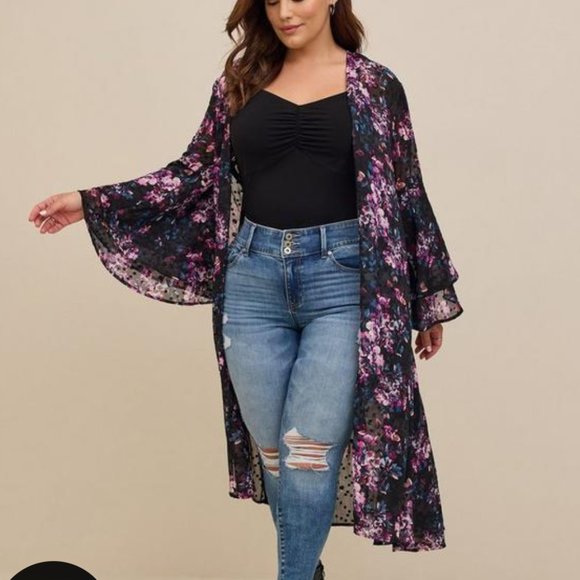 Worn Once--Black Floral Dotted Trench Duster Open-Tunic/Cardigan - Picture 6 of 15